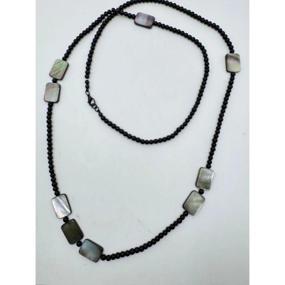 Black Matte Beaded Necklace Iridescent Rectangle Shell Abalone Style Long 36